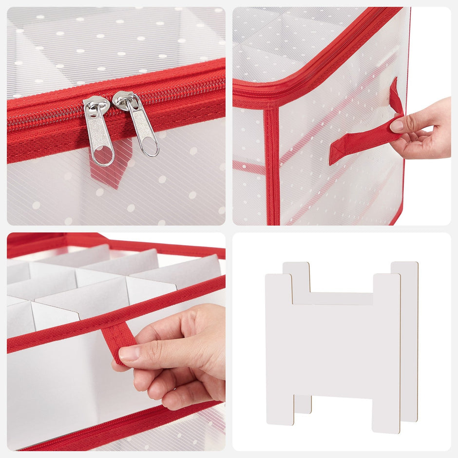 Christmas Ornament Storage Box – Plastic – Cherry Red – 128 Compartment Capacity with Modular Dividers