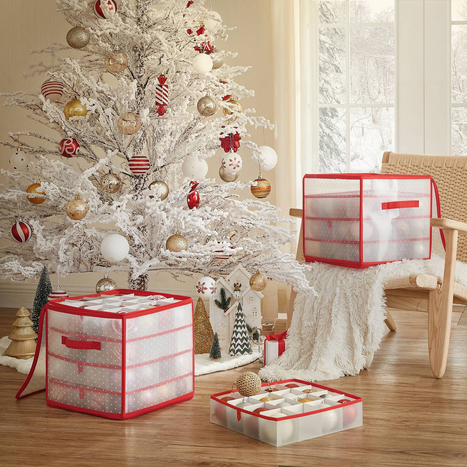 Christmas Ornament Storage Box – Plastic – Cherry Red – 128 Compartment Capacity with Modular Dividers