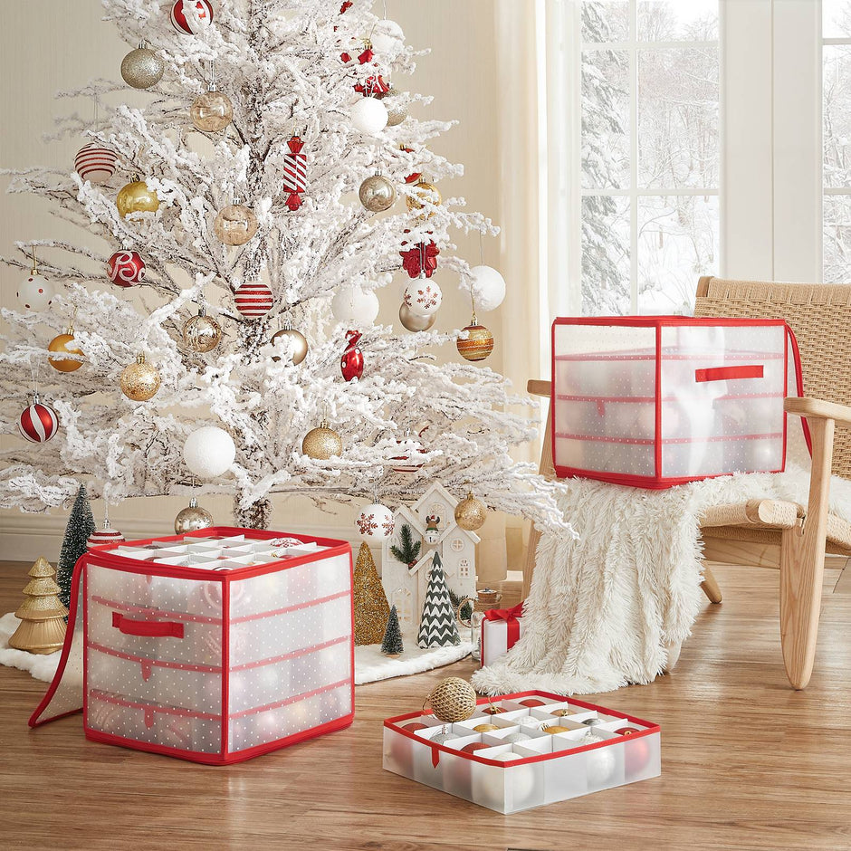 Christmas Ornament Storage Box – Plastic – Cherry Red – 128 Compartment Capacity with Modular Dividers