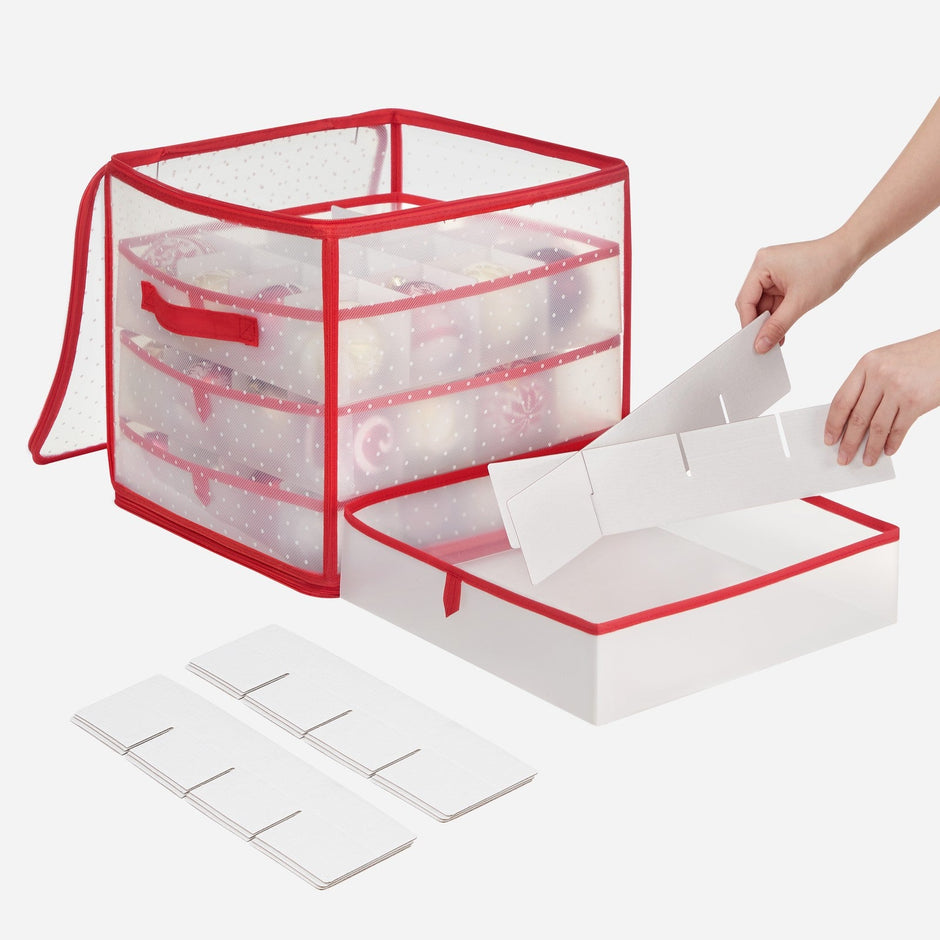 Christmas Ornament Storage Box – Plastic – Cherry Red – 128 Compartment Capacity with Modular Dividers