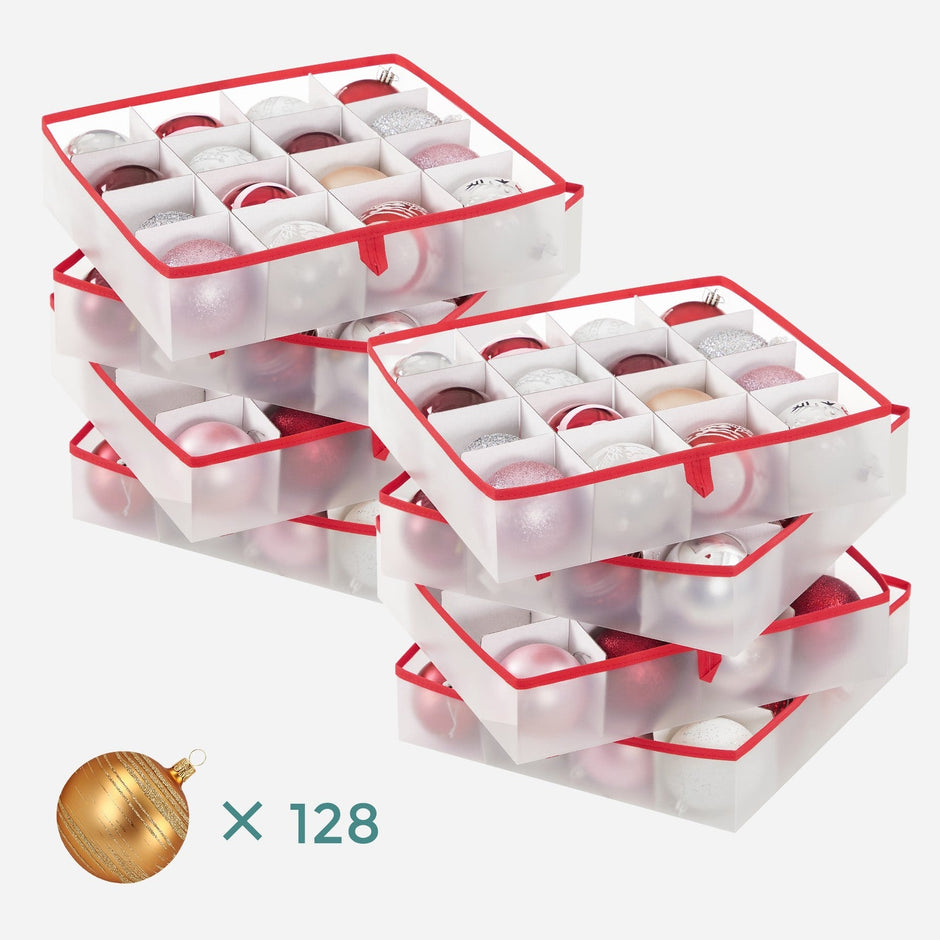 Christmas Ornament Storage Box – Plastic – Cherry Red – 128 Compartment Capacity with Modular Dividers