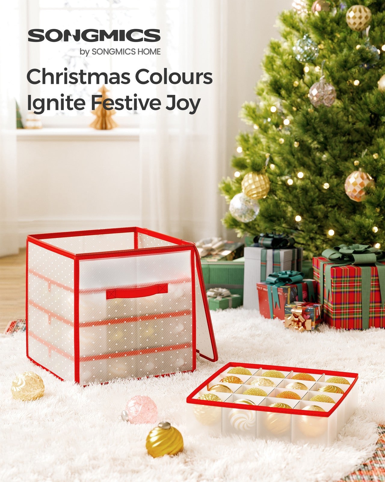 Christmas Ornament Storage Box – Plastic – Semi-Transparent – Modular Dividers, 128 Bauble Capacity
