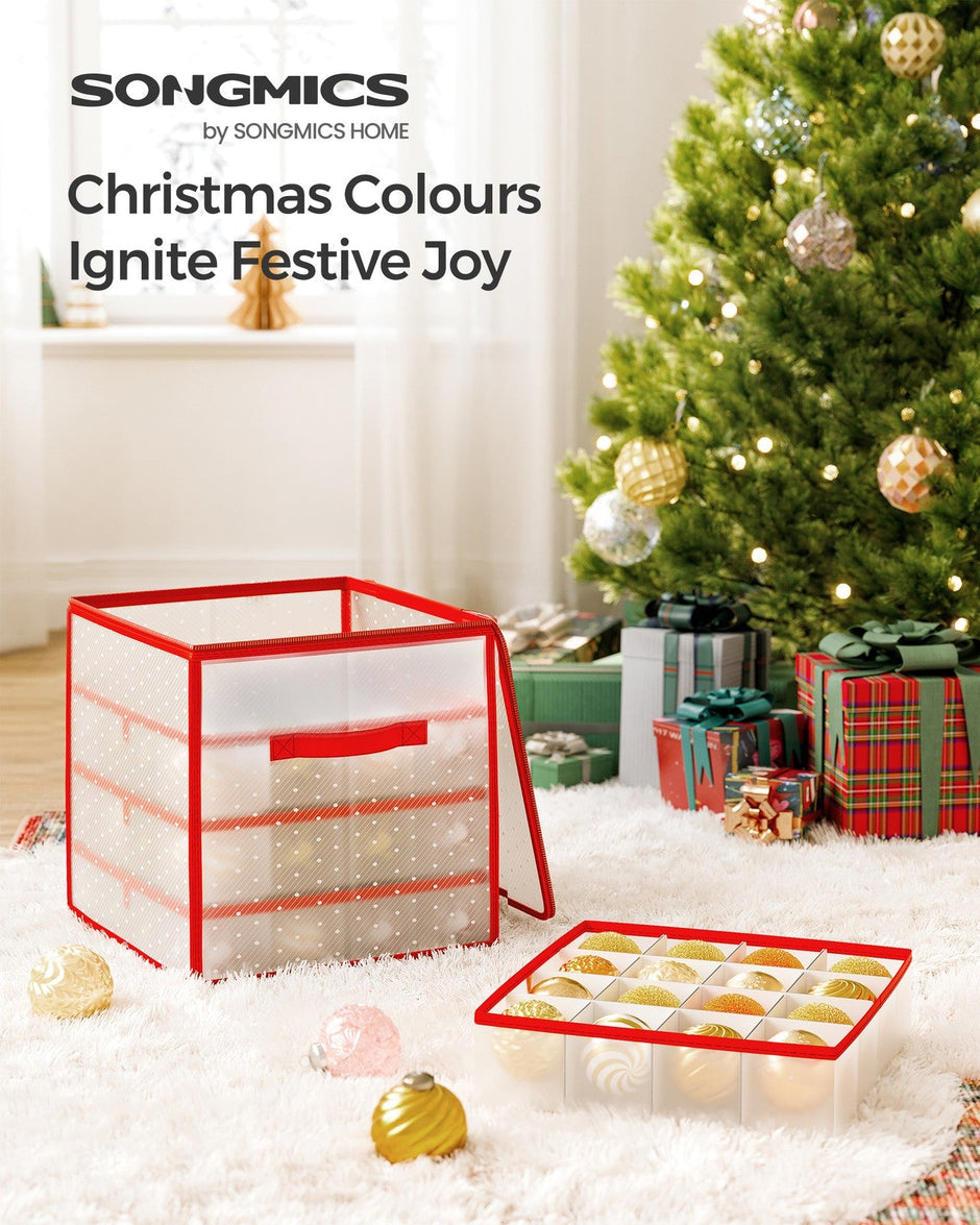 Christmas Ornament Storage Box – Plastic – Semi-Transparent – Modular Dividers, 128 Bauble Capacity