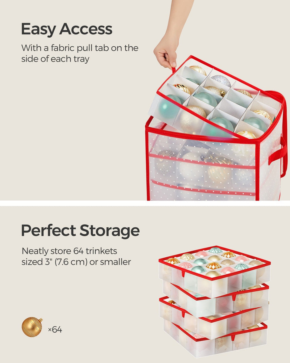 Christmas Ornament Storage Box – Plastic – Semi-Transparent – Modular Dividers, 128 Bauble Capacity