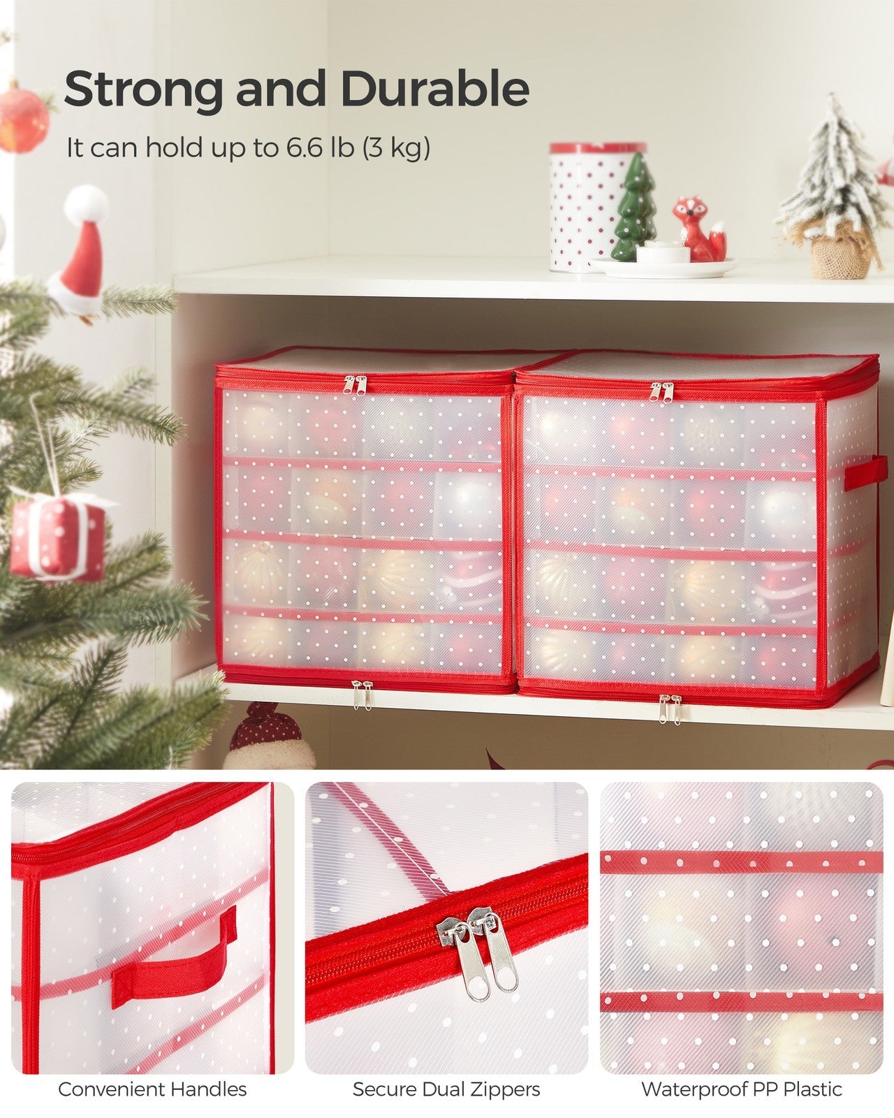 Christmas Ornament Storage Box – Plastic – Semi-Transparent – Modular Dividers, 128 Bauble Capacity