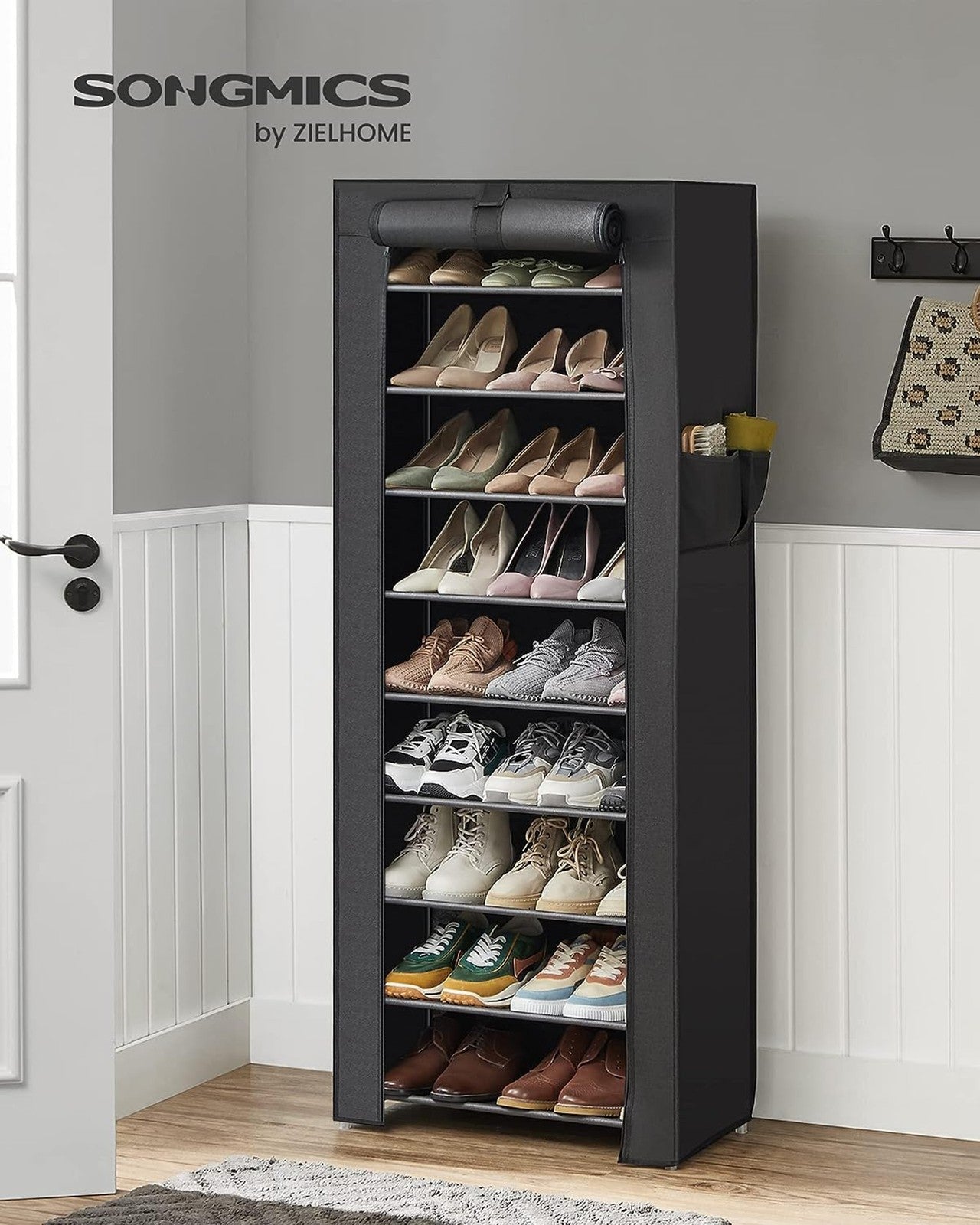 10-Tier Shoe Rack – Fabric – Black – Dustproof Cover, Holds up to 40 Pairs