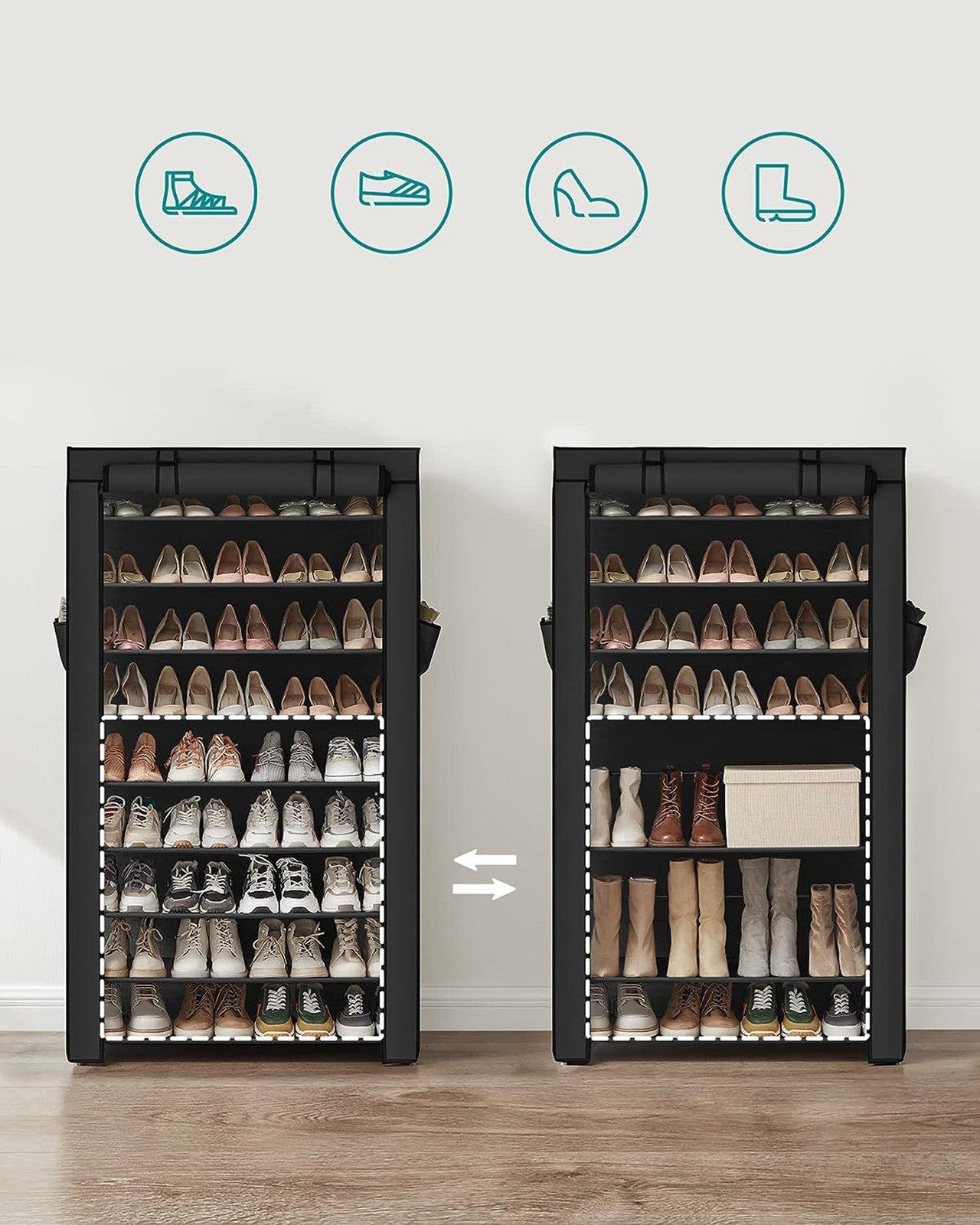 10-Tier Shoe Rack – Fabric – Black – Dustproof Cover, Holds up to 40 Pairs