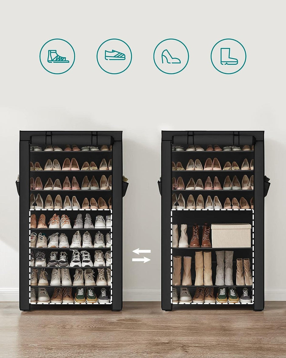 10-Tier Shoe Rack – Fabric – Black – Dustproof Cover, Holds up to 40 Pairs
