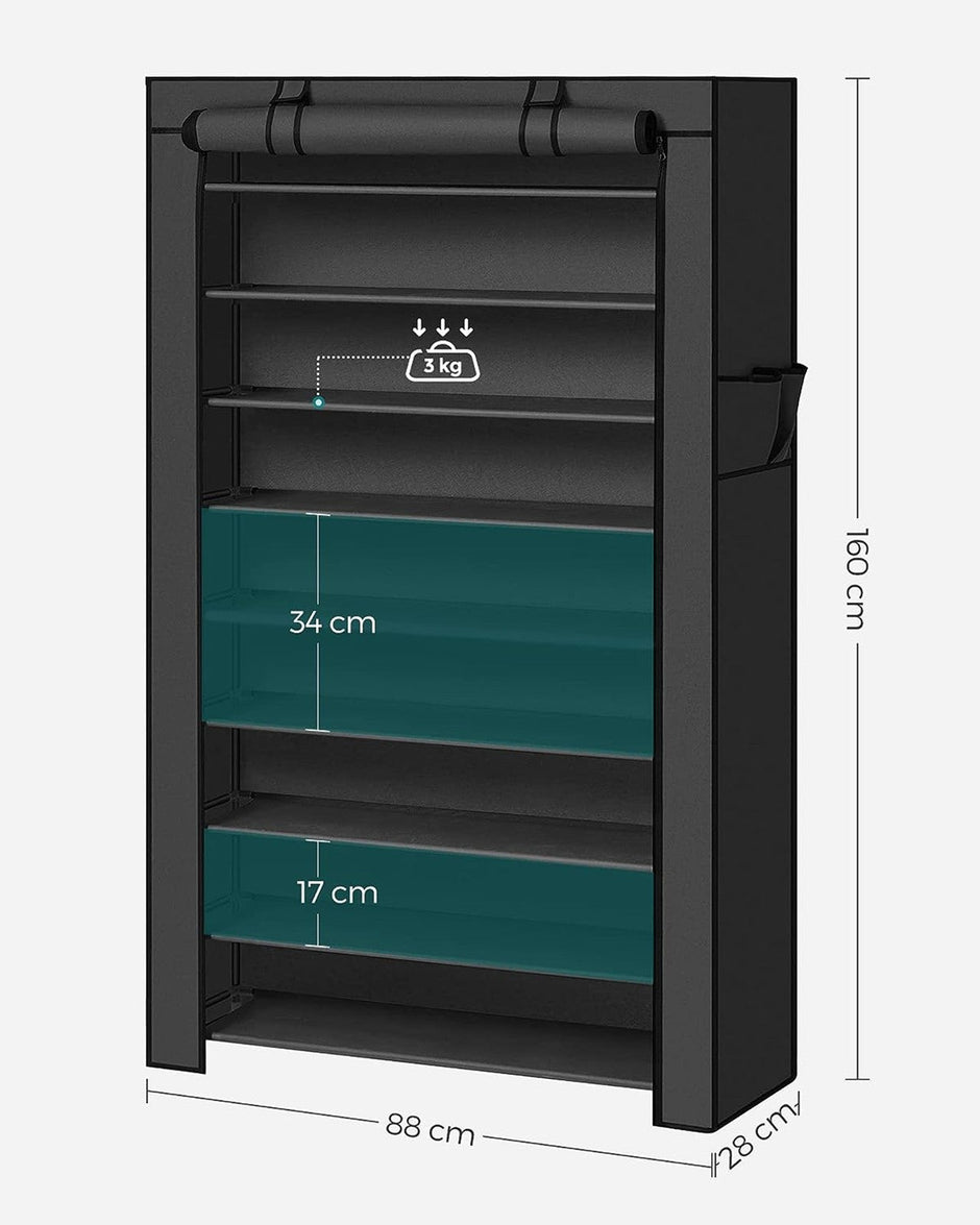 10-Tier Shoe Rack – Fabric – Black – Dustproof Cover, Holds up to 40 Pairs