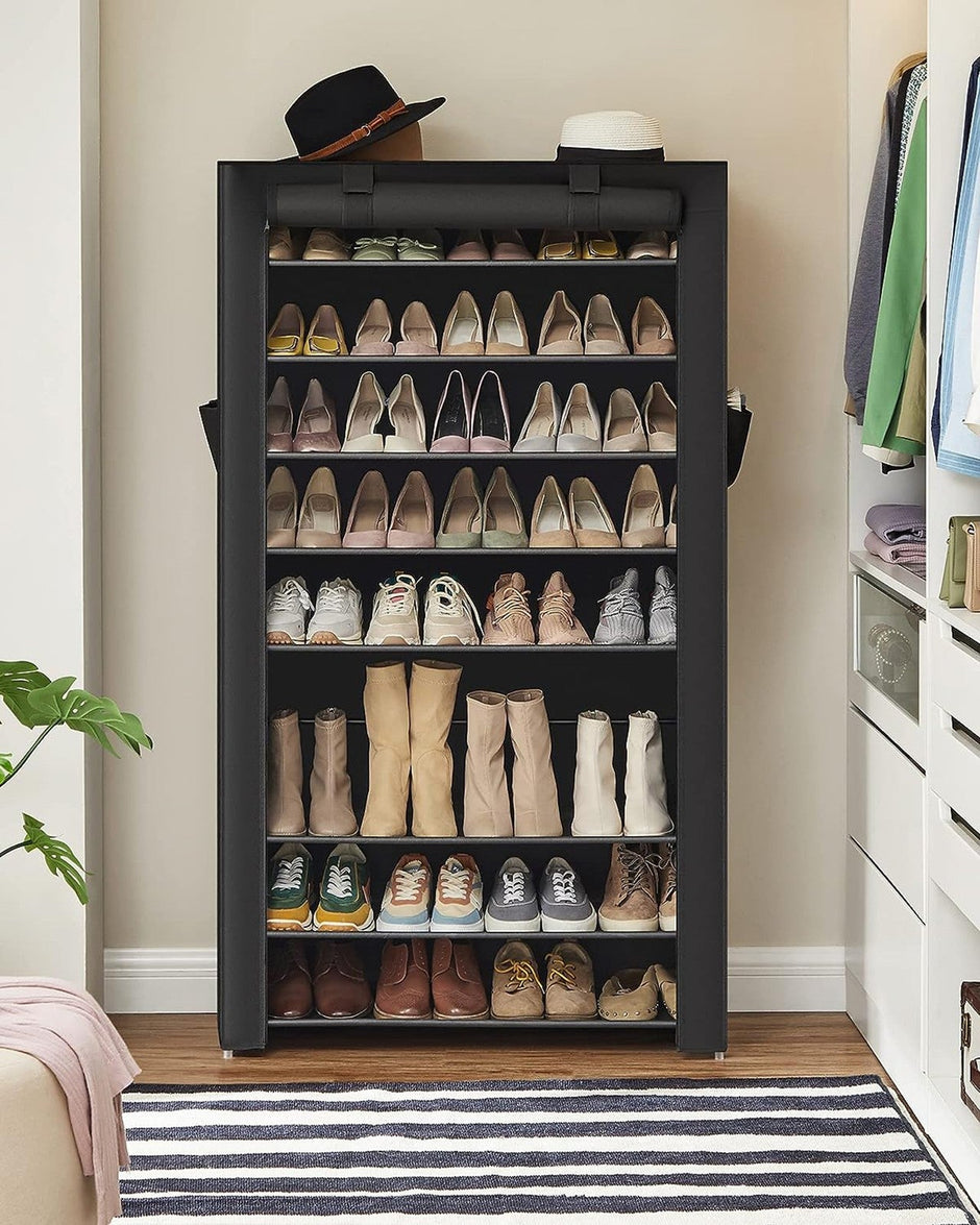 10-Tier Shoe Rack – Fabric – Black – Dustproof Cover, Holds up to 40 Pairs