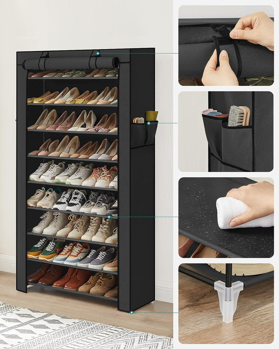 10-Tier Shoe Rack – Fabric – Black – Dustproof Cover, Holds up to 40 Pairs