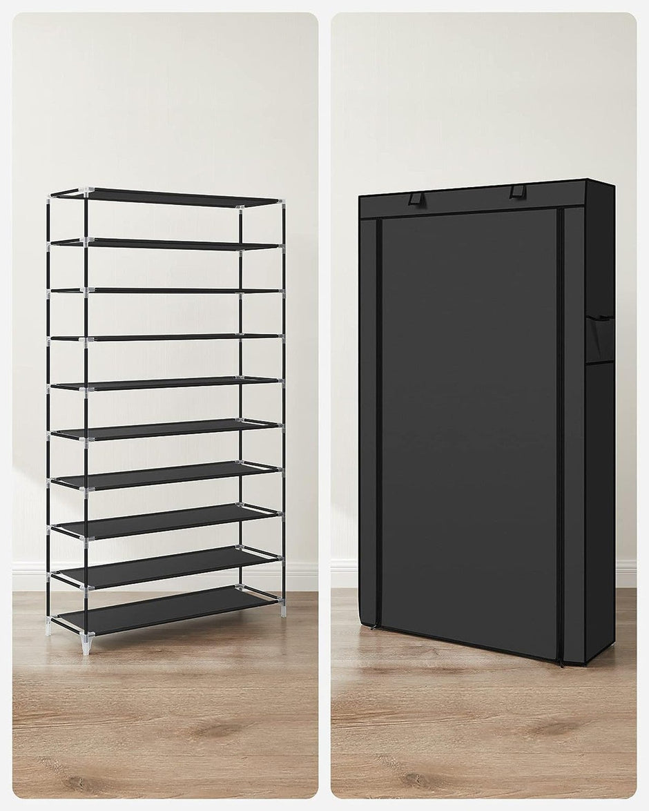 10-Tier Shoe Rack – Fabric – Black – Dustproof Cover, Holds up to 40 Pairs