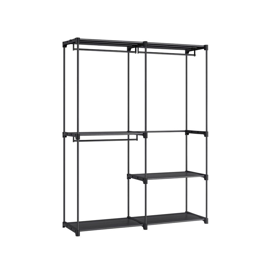 Portable Clothes Storage Organizer – Fabric – Black – Large Capacity with 3 Hanging Rods and Shelves