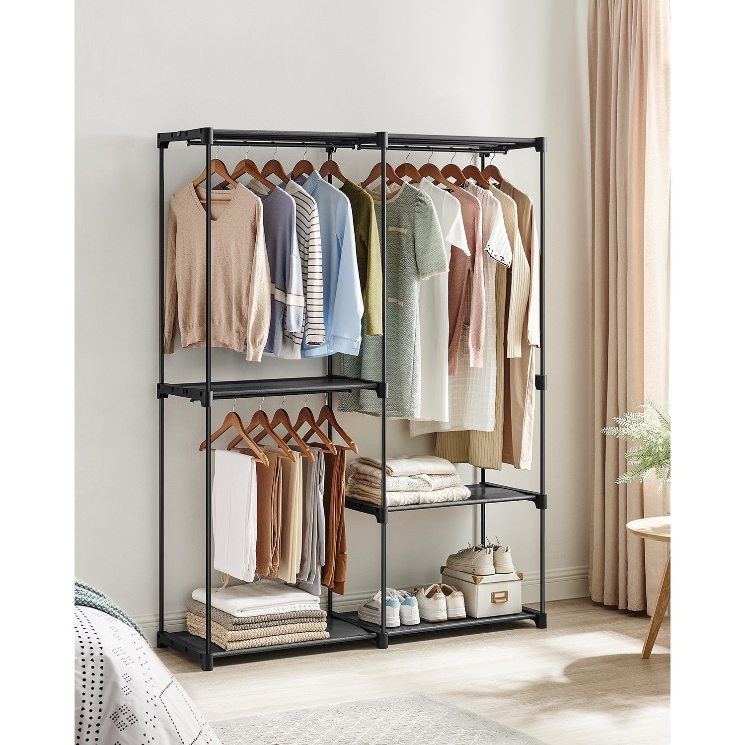 Portable Clothes Storage Organizer – Fabric – Black – Large Capacity with 3 Hanging Rods and Shelves