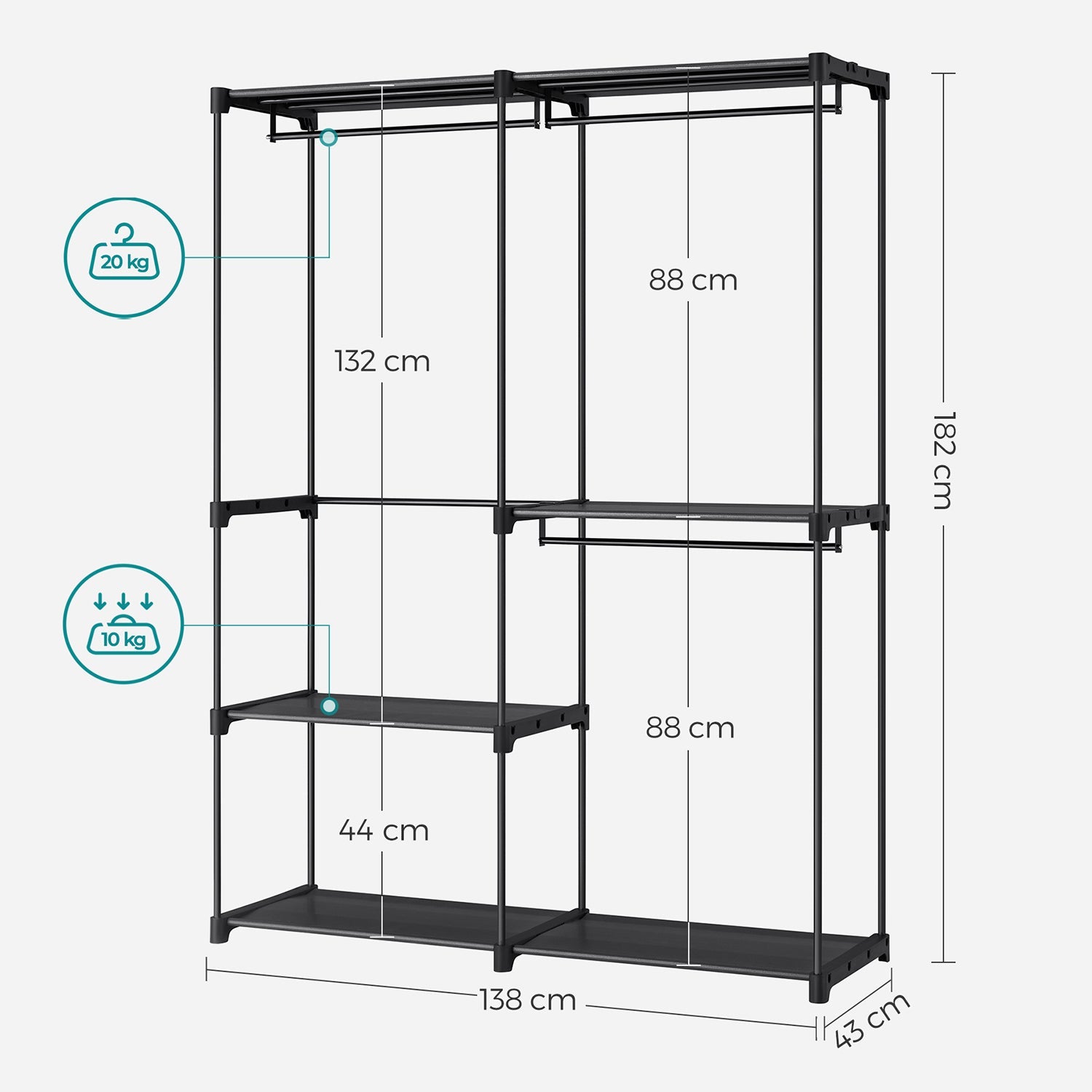 Portable Clothes Storage Organizer – Fabric – Black – Large Capacity with 3 Hanging Rods and Shelves