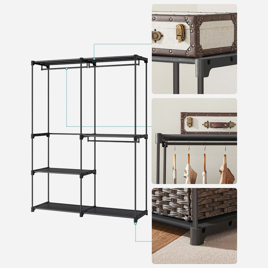 Portable Clothes Storage Organizer – Fabric – Black – Large Capacity with 3 Hanging Rods and Shelves