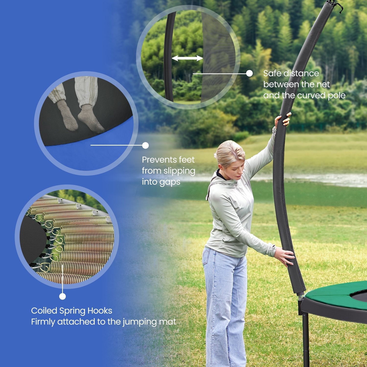 Trampoline – Metal and Fabric – Black and Blue – Enclosure Net and Safety Pad