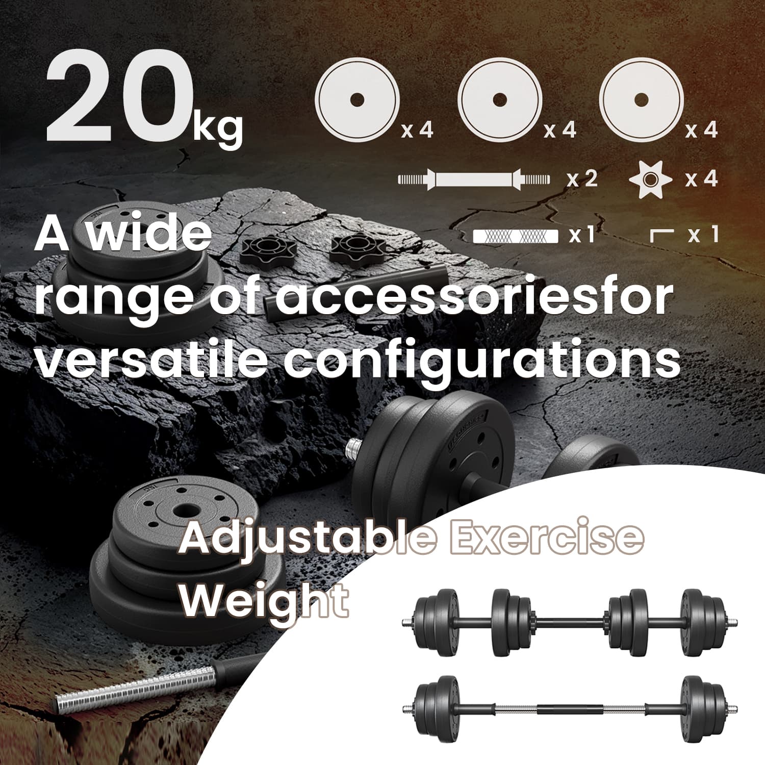 Dumbbells Set – Plastic-Coated – Ink Black – Adjustable 2 x 10 kg with Extra Barbell Bar