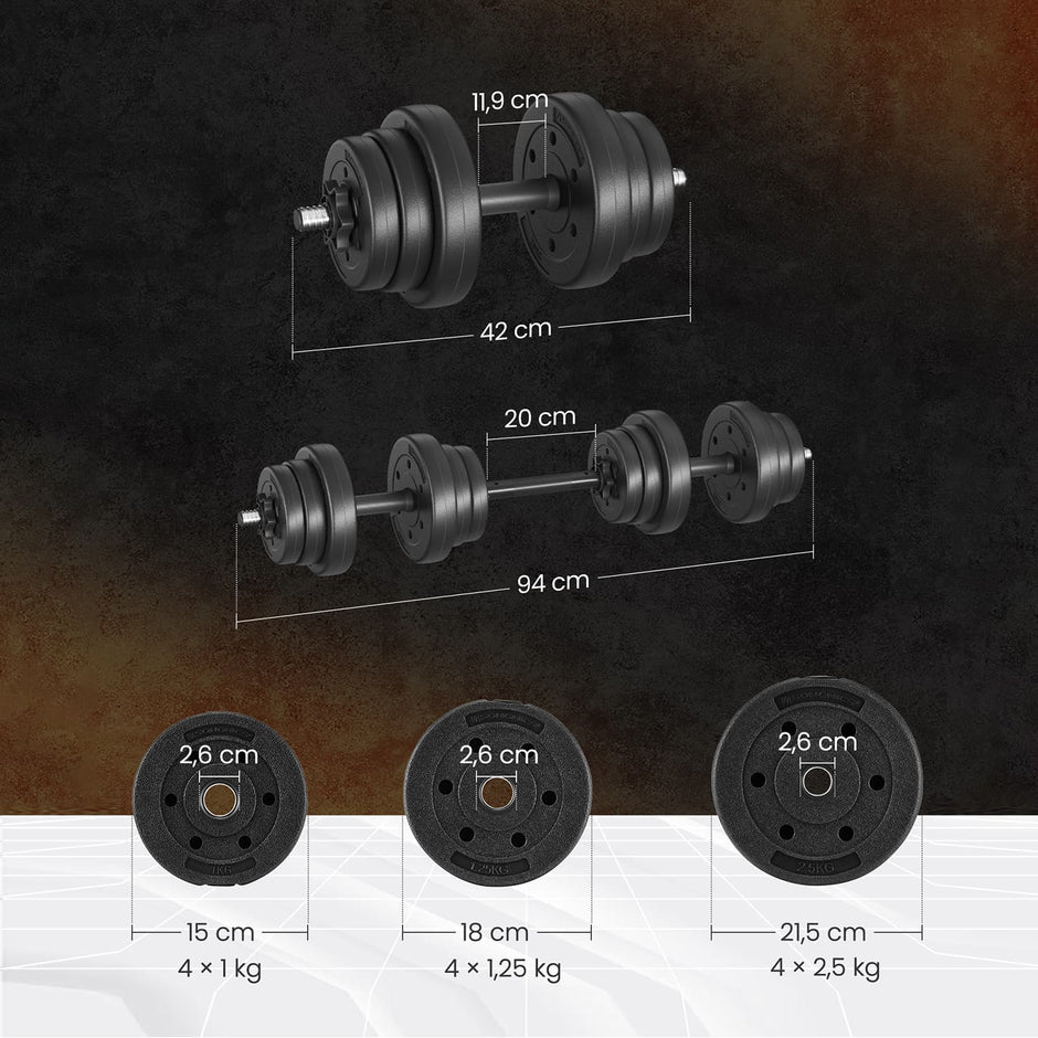 Dumbbells Set – Plastic-Coated – Ink Black – Adjustable 2 x 10 kg with Extra Barbell Bar