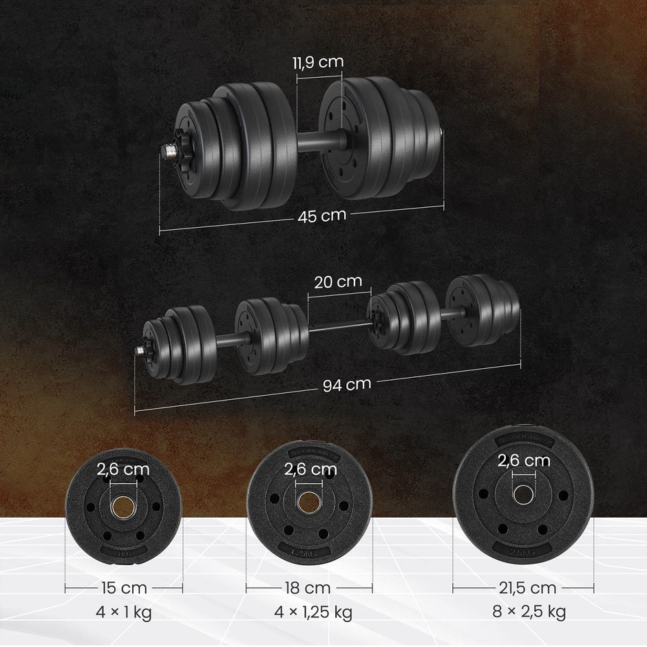 Dumbbell Set – Plastic-Coated – Ink Black – Adjustable with Extra Barbell Bar