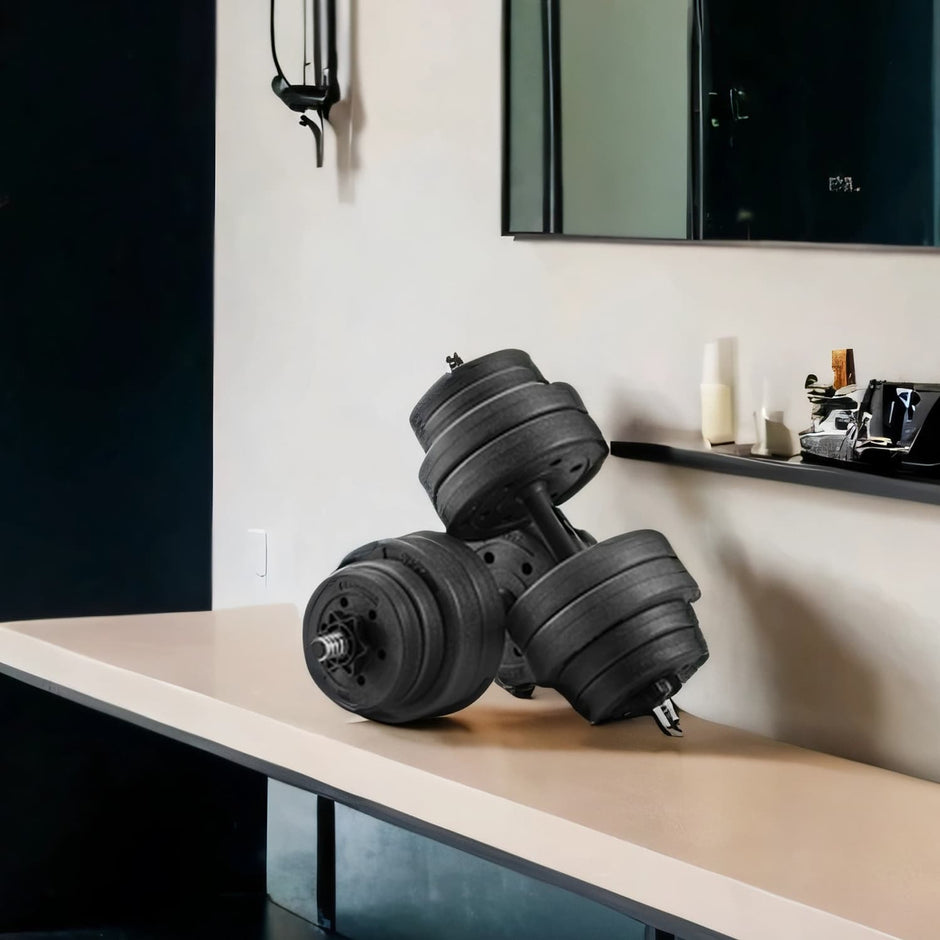Dumbbell Set – Plastic-Coated – Ink Black – Adjustable with Extra Barbell Bar