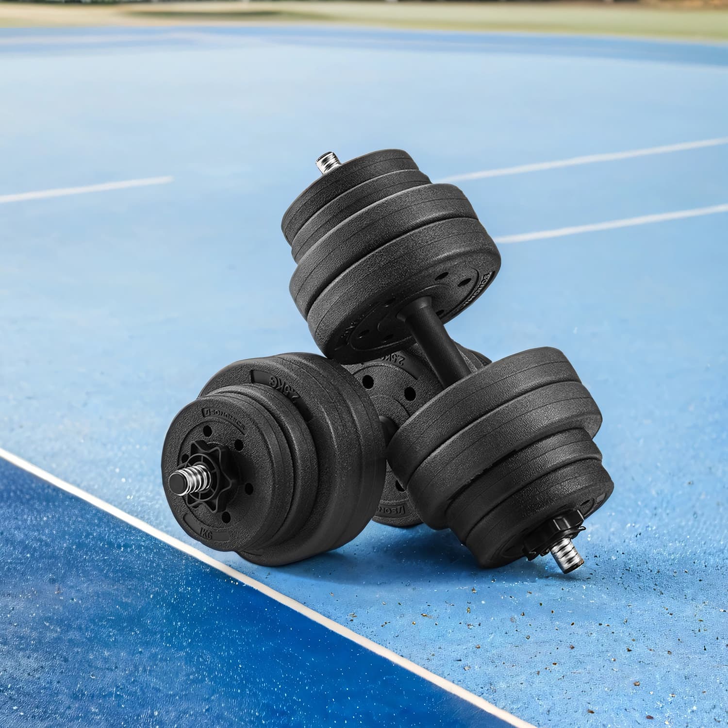 Dumbbell Set – Plastic-Coated – Ink Black – Adjustable with Extra Barbell Bar