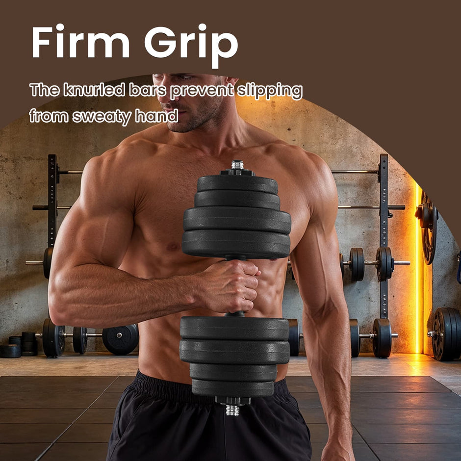 Dumbbell Set – Plastic-Coated – Ink Black – Adjustable with Extra Barbell Bar
