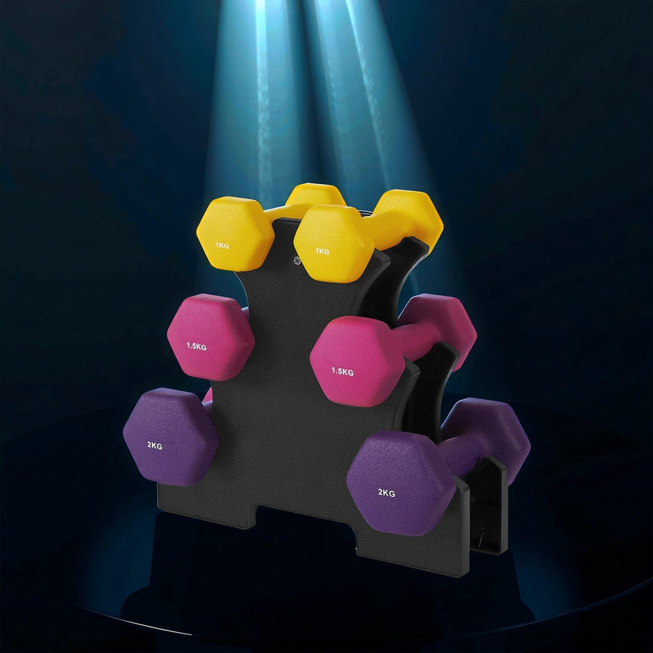 Hex Neoprene Dumbbells Set with Stand – Neoprene – Multicolor – Matte Finish