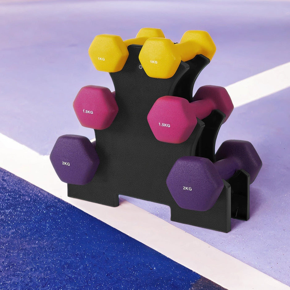 Hex Neoprene Dumbbells Set with Stand – Neoprene – Multicolor – Matte Finish