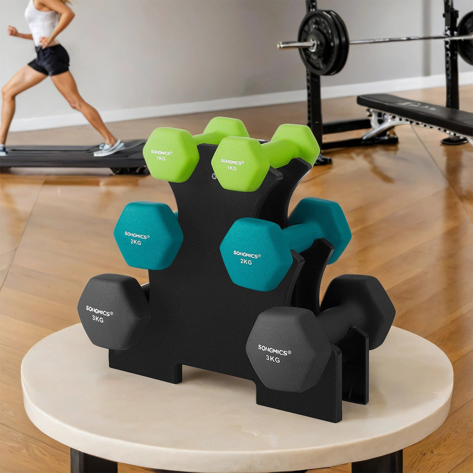 Dumbbell Set – Neoprene – Lime, Teal, Light Grey – Non-Slip Hex Design, Includes Stand, 2 x 1 kg, 2 x 2 kg, 2 x 3 kg