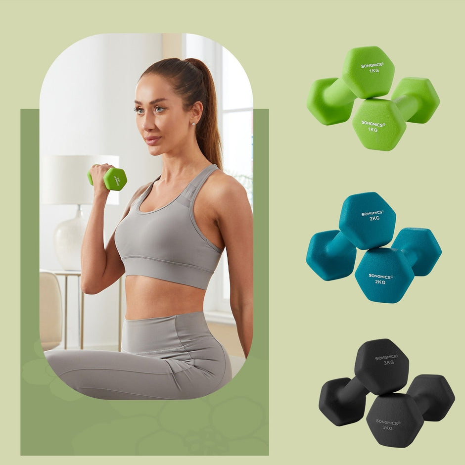 Dumbbell Set – Neoprene – Lime, Teal, Light Grey – Non-Slip Hex Design, Includes Stand, 2 x 1 kg, 2 x 2 kg, 2 x 3 kg