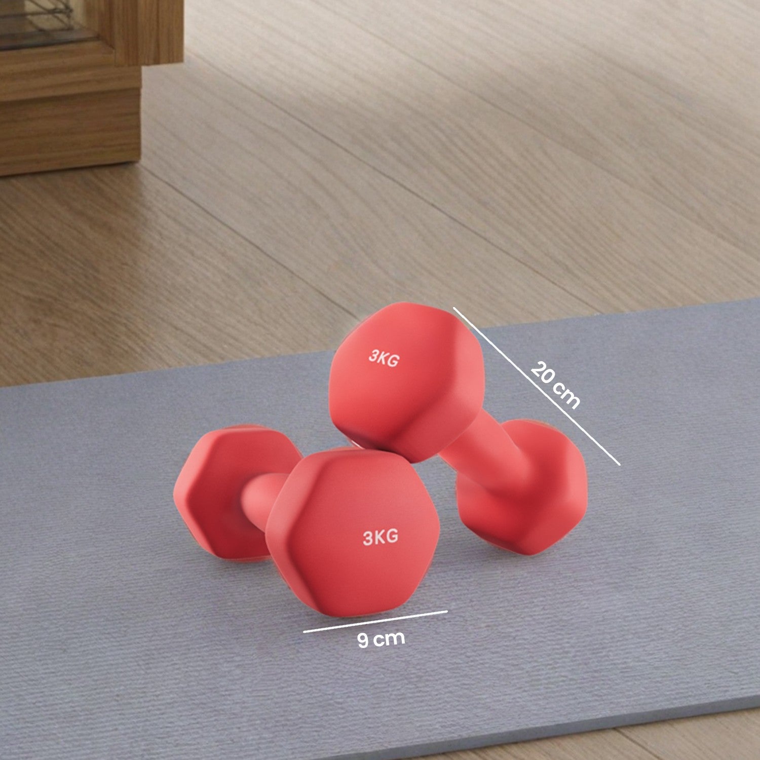 Set of 2 Dumbbells – Neoprene – Red – 3 kg Each with Dumbbell Bars