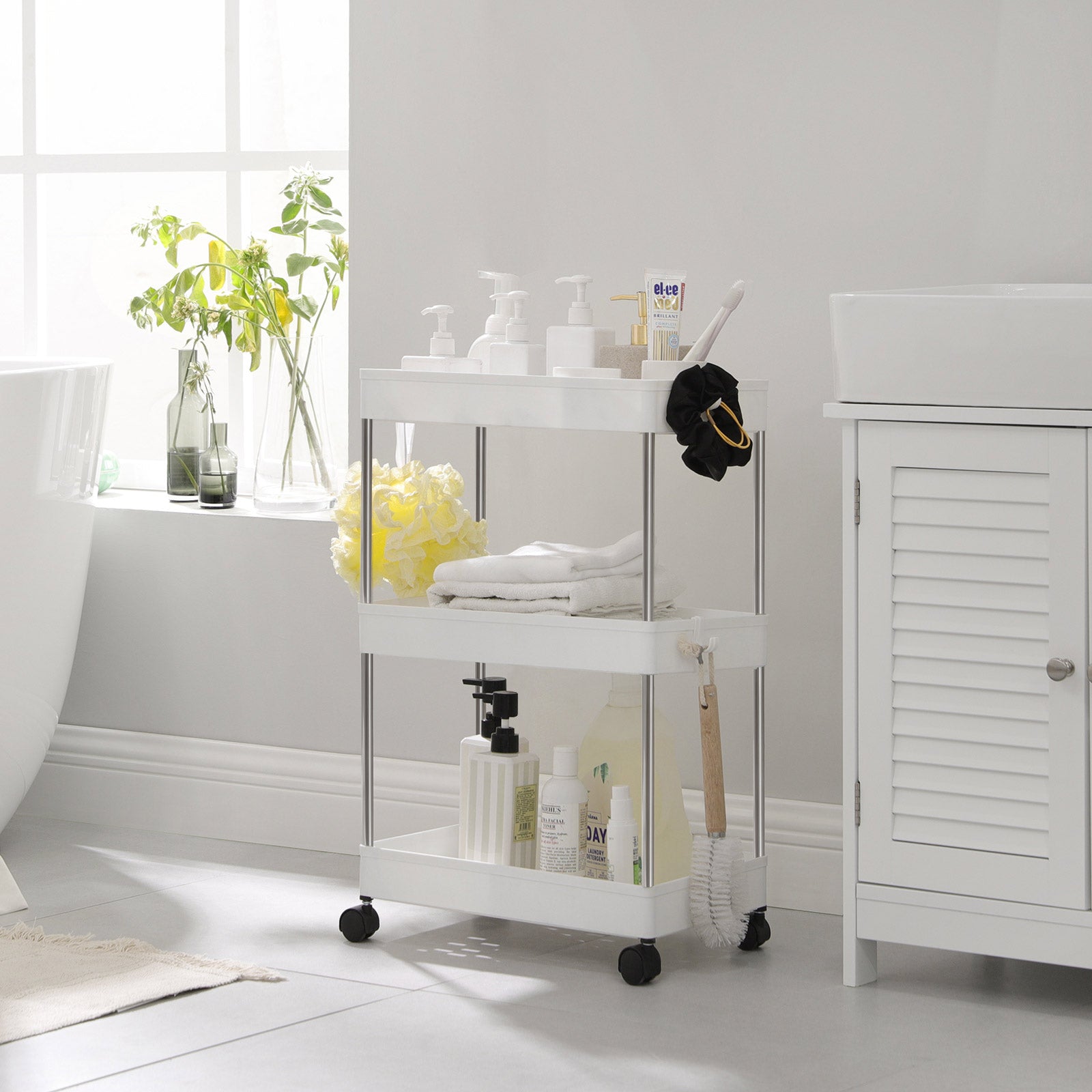 Storage Trolley – Metal – White – Rolling with 3 Baskets