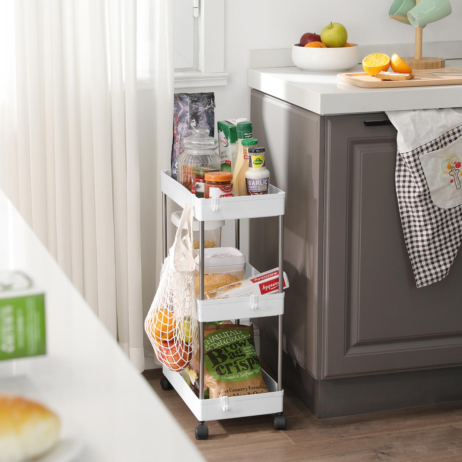 Storage Trolley – Metal – White – Rolling with 3 Baskets