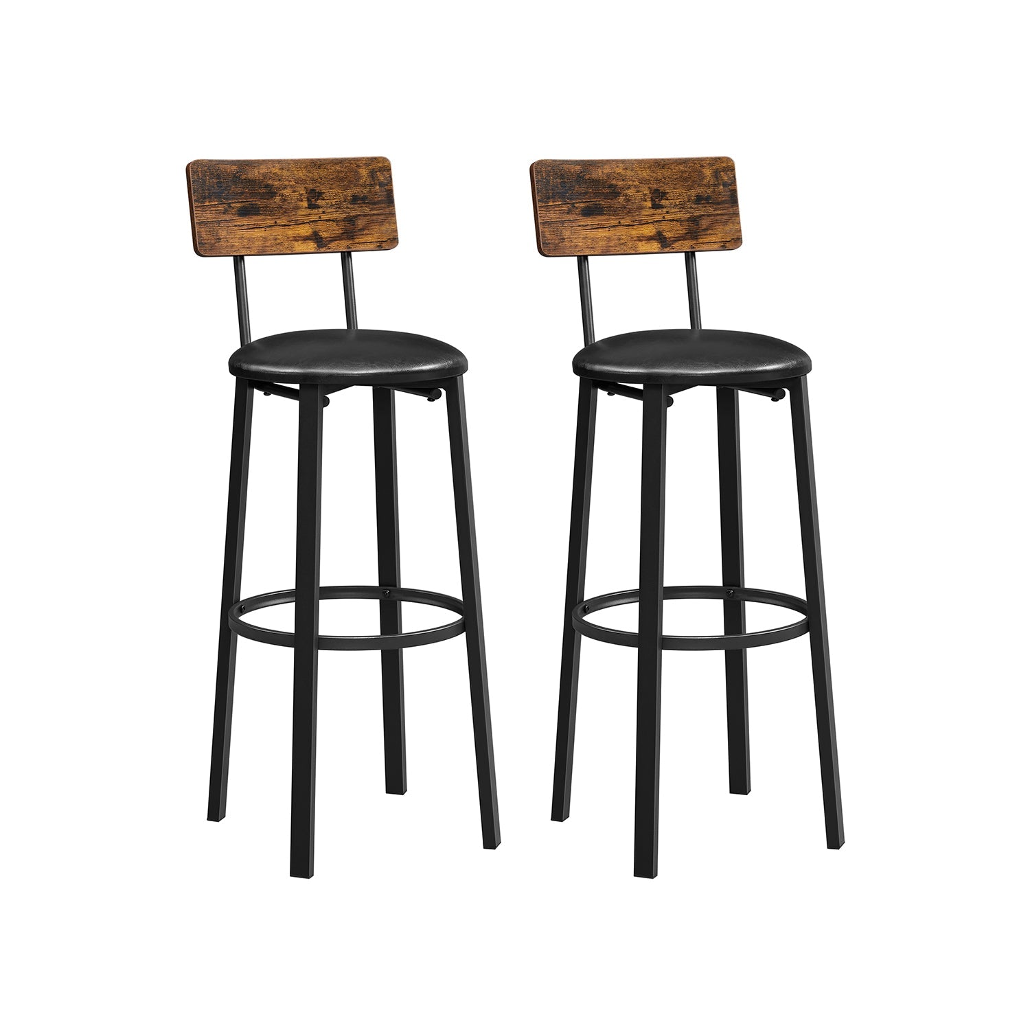 Set of 2 Bar Stools – PU Upholstered – Rustic Brown and Black – Industrial Style with Footrest