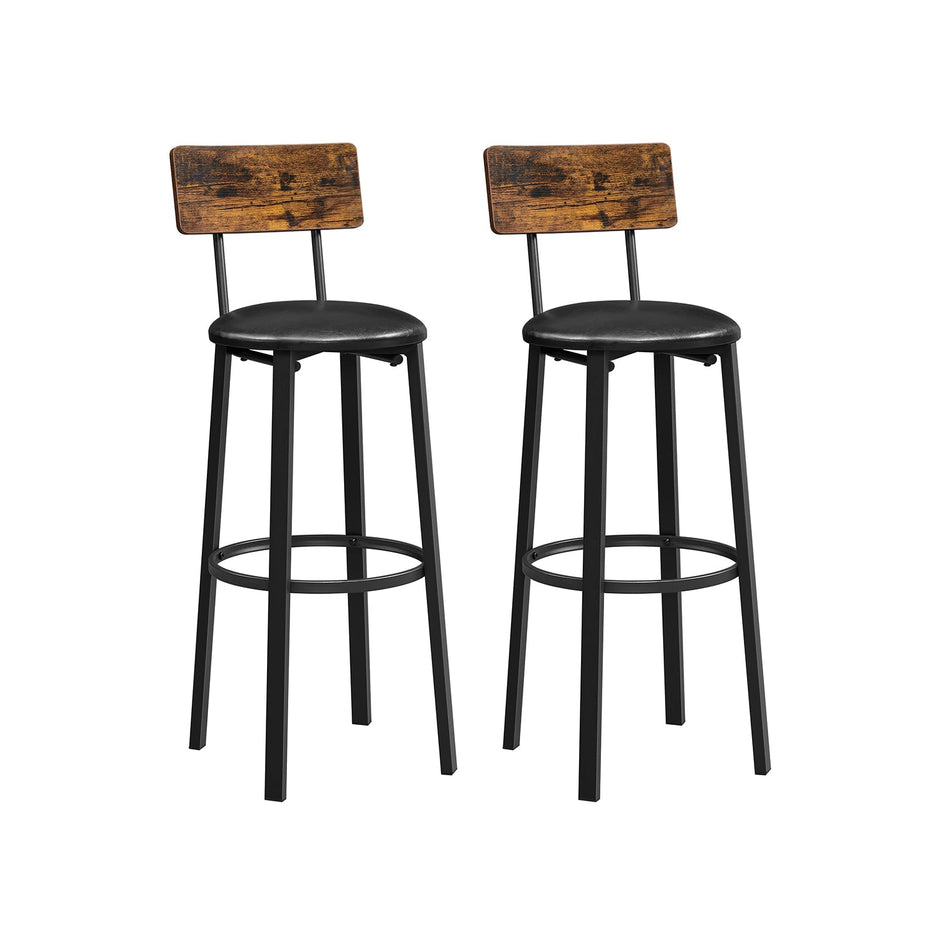 Set of 2 Bar Stools – PU Upholstered – Rustic Brown and Black – Industrial Style with Footrest