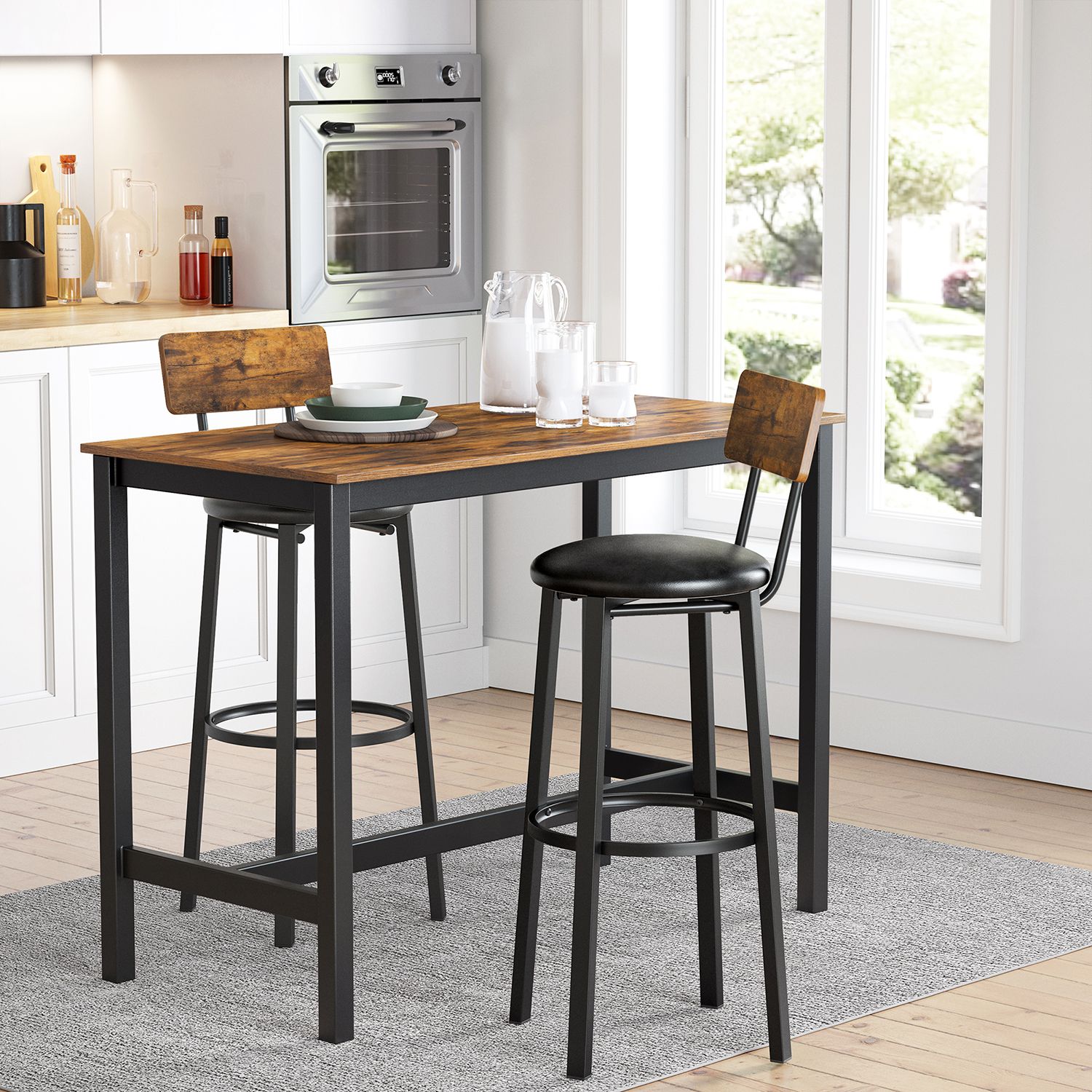 Set of 2 Bar Stools – PU Upholstered – Rustic Brown and Black – Industrial Style with Footrest