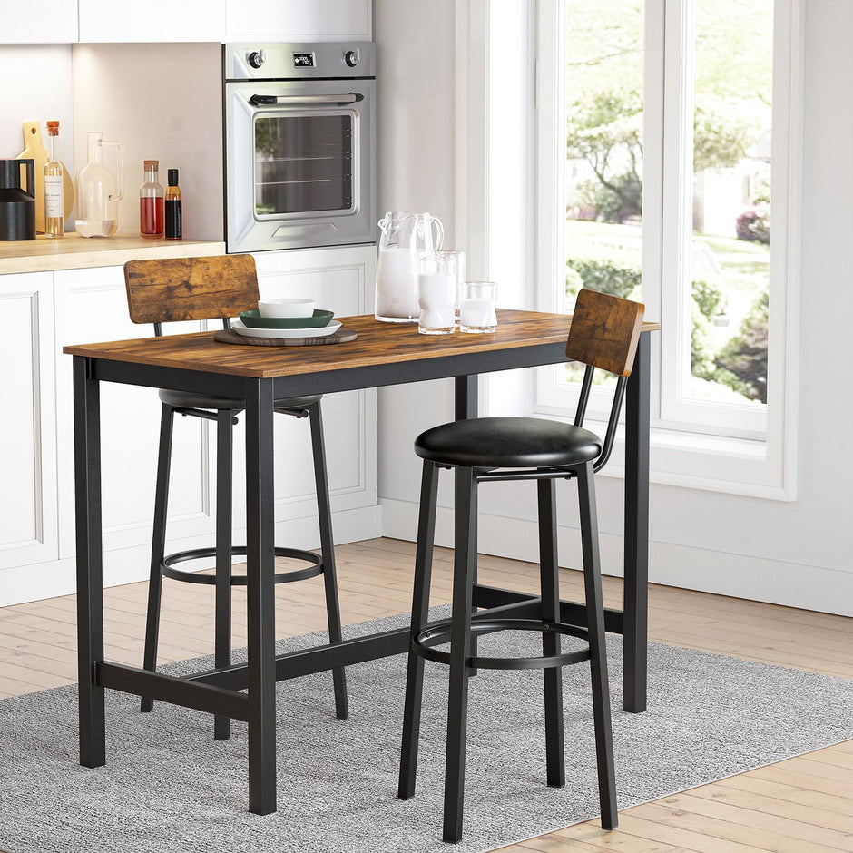 Set of 2 Bar Stools – PU Upholstered – Rustic Brown and Black – Industrial Style with Footrest