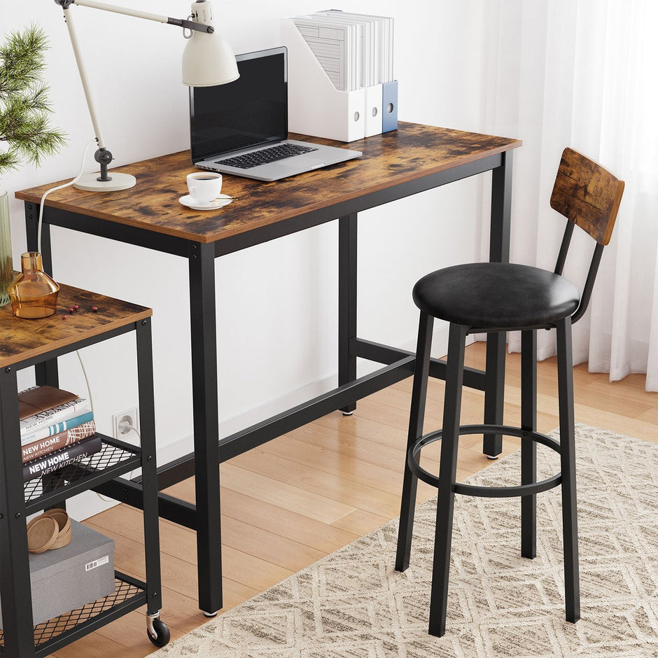 Set of 2 Bar Stools – PU Upholstered – Rustic Brown and Black – Industrial Style with Footrest