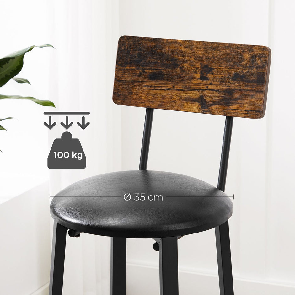 Set of 2 Bar Stools – PU Upholstered – Rustic Brown and Black – Industrial Style with Footrest