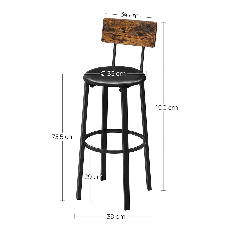 Set of 2 Bar Stools – PU Upholstered – Rustic Brown and Black – Industrial Style with Footrest