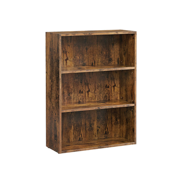 3-Tier Bookcase – Wood – Rustic Brown – Adjustable Shelves with Open Compartments