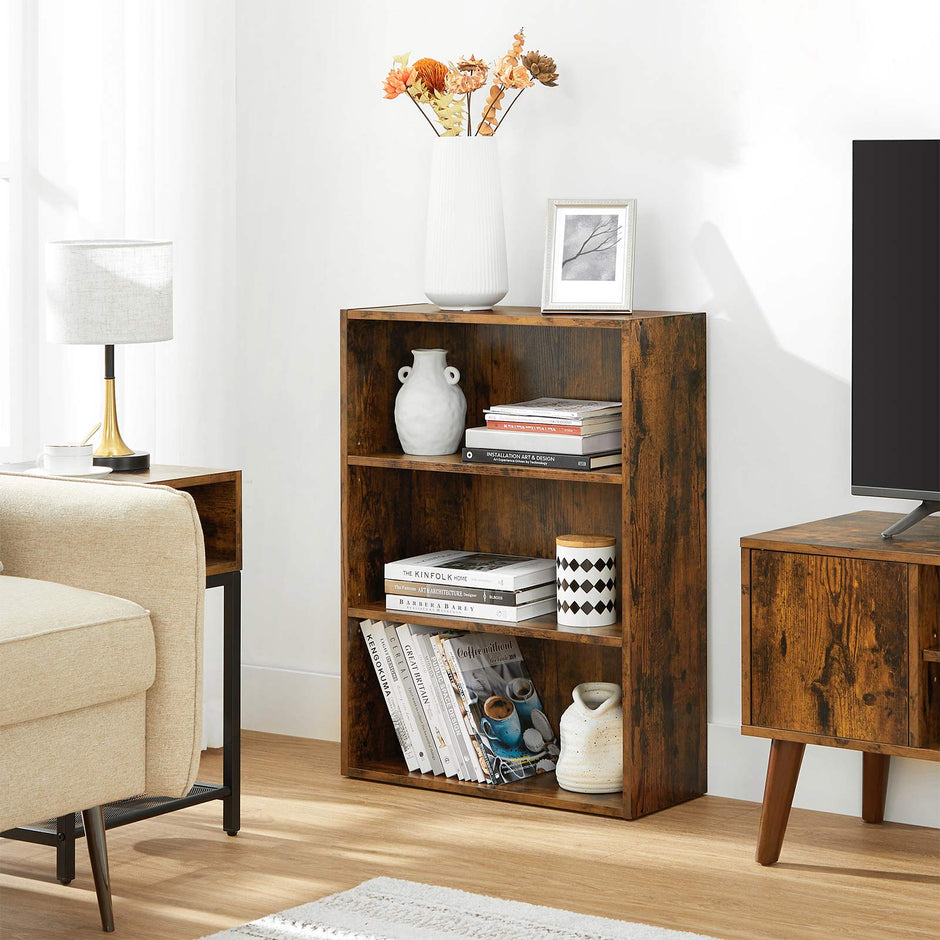 3-Tier Bookcase – Wood – Rustic Brown – Adjustable Shelves with Open Compartments