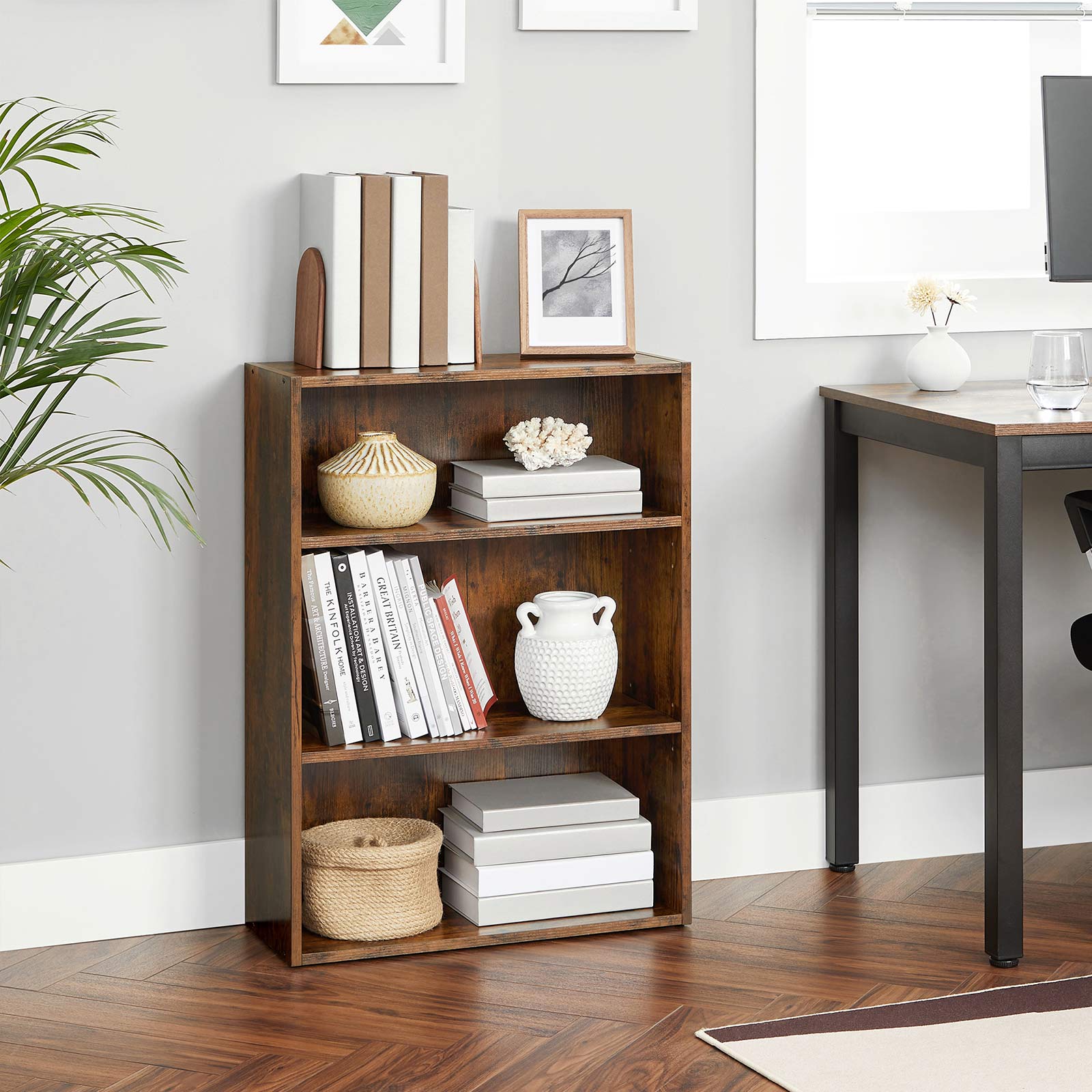 3-Tier Bookcase – Wood – Rustic Brown – Adjustable Shelves with Open Compartments