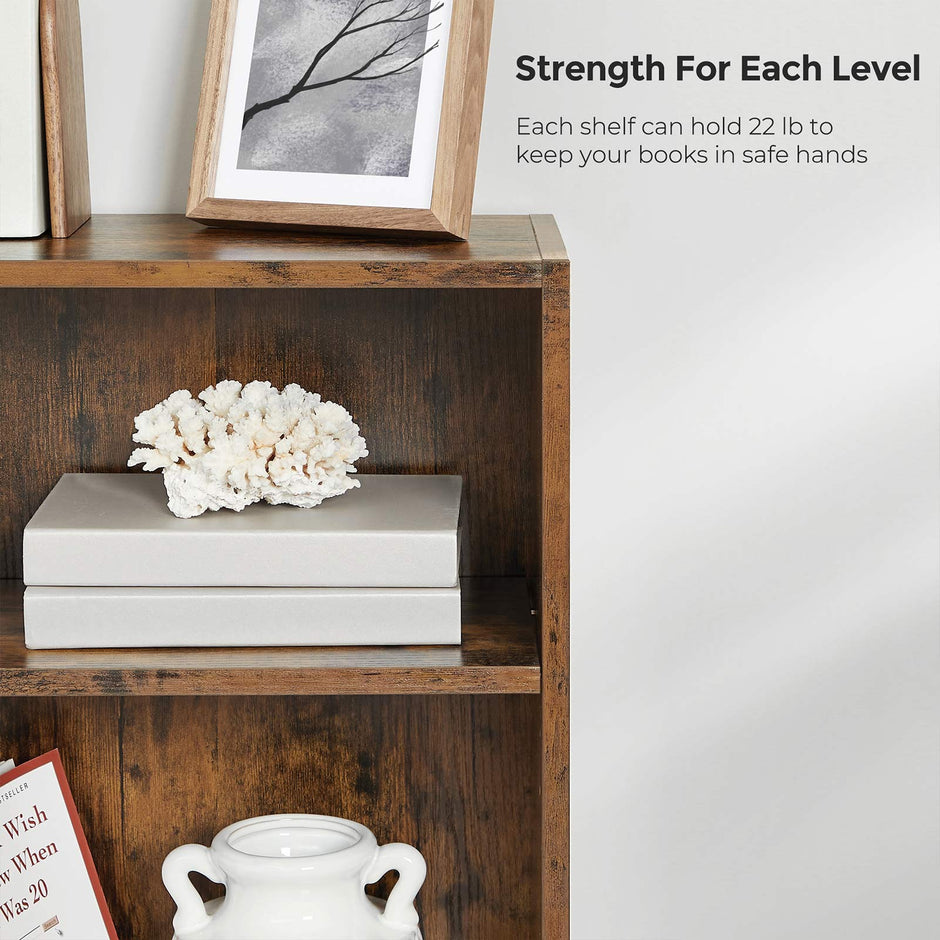 3-Tier Bookcase – Wood – Rustic Brown – Adjustable Shelves with Open Compartments