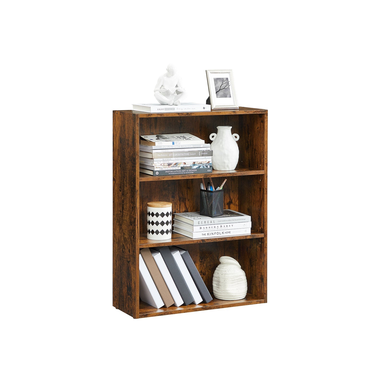 3-Tier Bookcase – Wood – Rustic Brown – Adjustable Shelves with Open Compartments