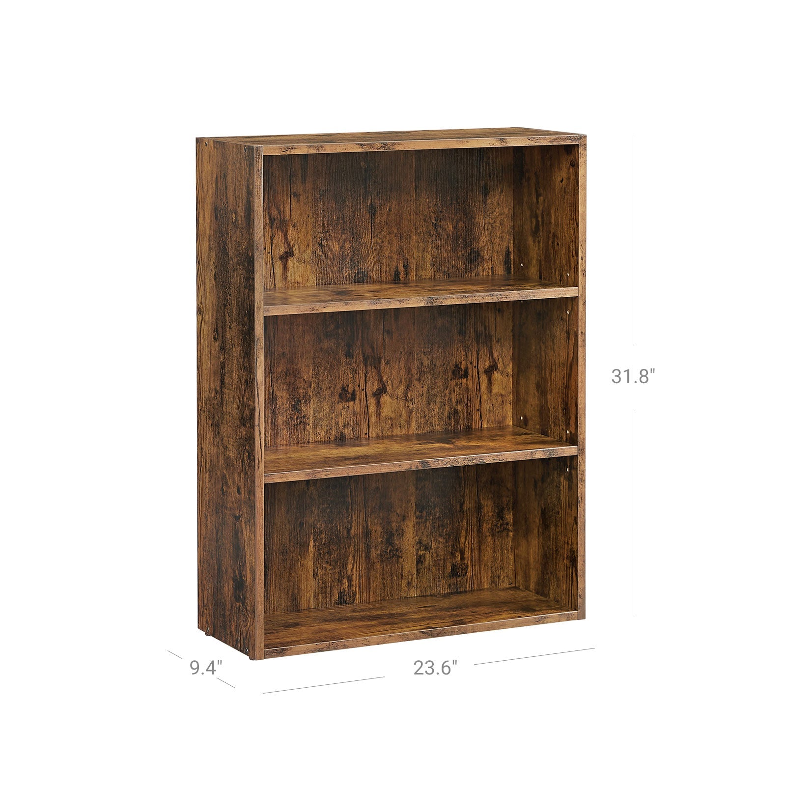 3-Tier Bookcase – Wood – Rustic Brown – Adjustable Shelves with Open Compartments