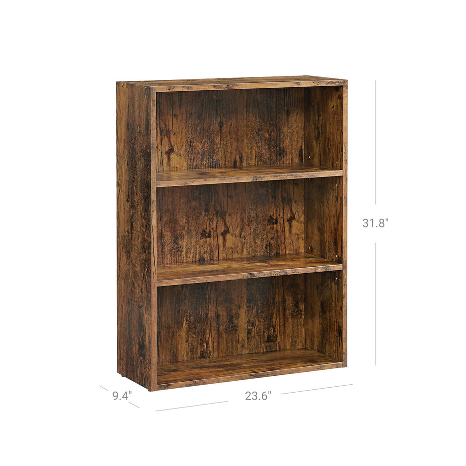 3-Tier Bookcase – Wood – Rustic Brown – Adjustable Shelves with Open Compartments