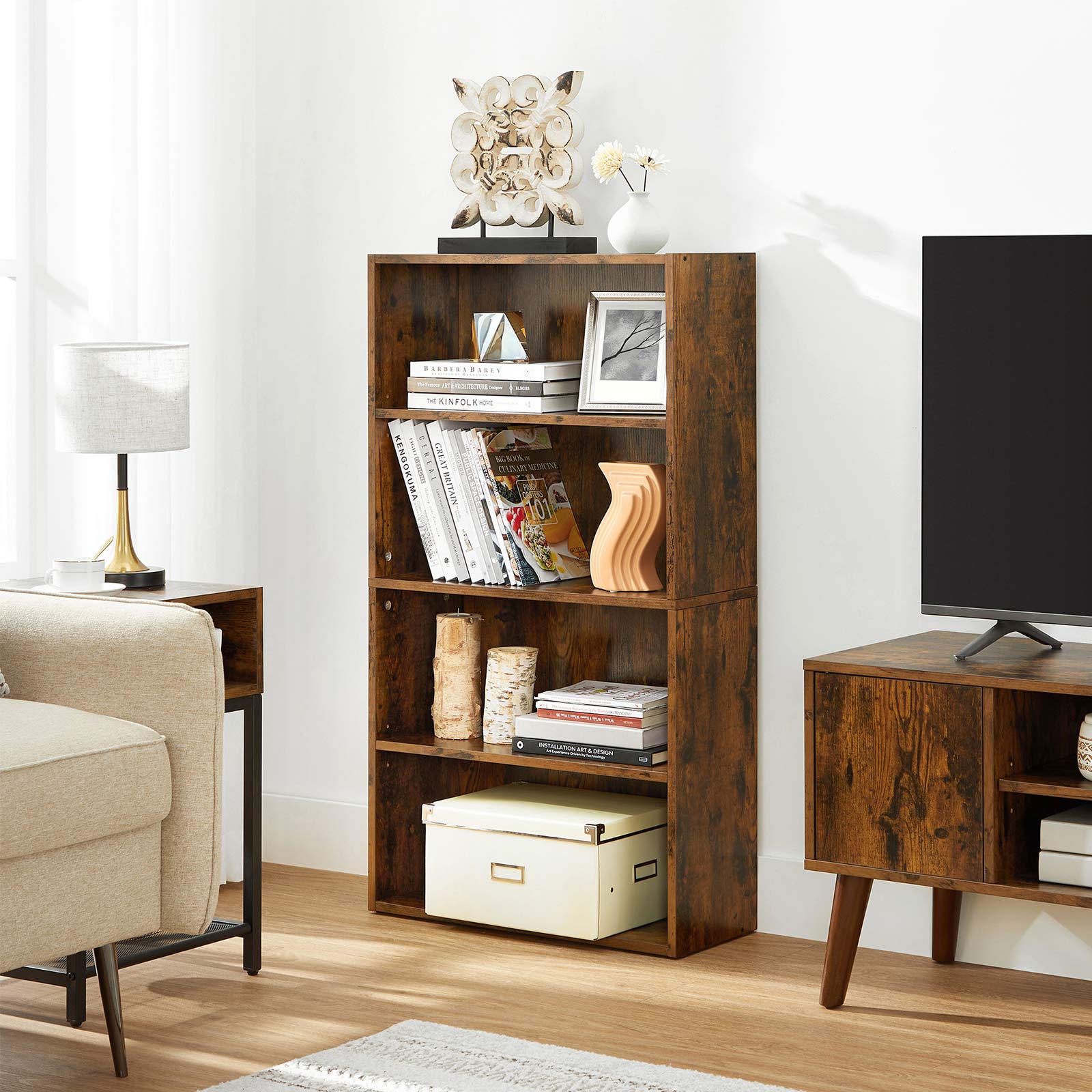 4-Tier Bookshelf – Engineered Wood – Rustic Brown – Adjustable Shelves and Open Compartments
