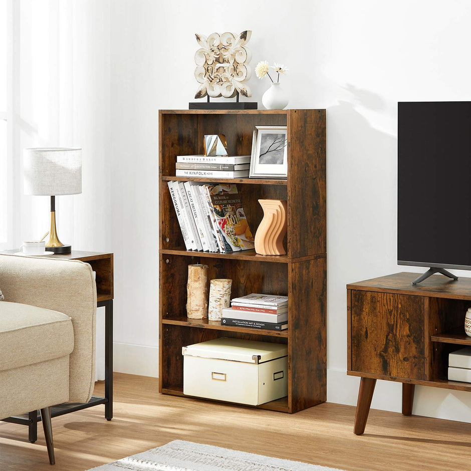 4-Tier Bookshelf – Engineered Wood – Rustic Brown – Adjustable Shelves and Open Compartments